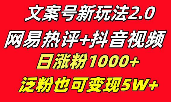 （8484期）文案号新玩法 网易热评+抖音文案 一天涨粉1000+ 多种变现模式 泛粉也可变现| 副业网