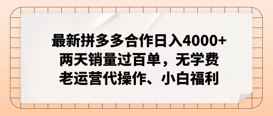 （12869期）拼多多最新合作日入4000+两天销量过百单，无学费、老运营代操作、小白福利| 副业网