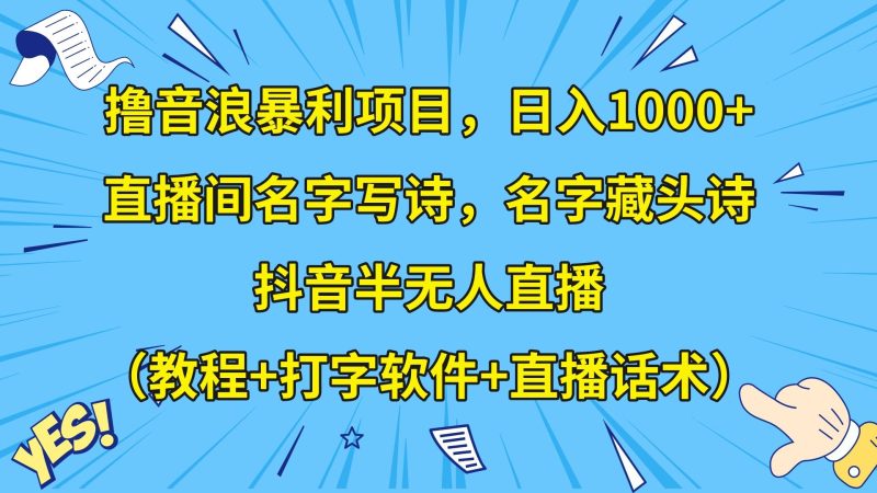 撸音浪暴利日入1000+，名字写诗，名字藏头诗，抖音半无人直播（教程+软件+话术）| 副业网