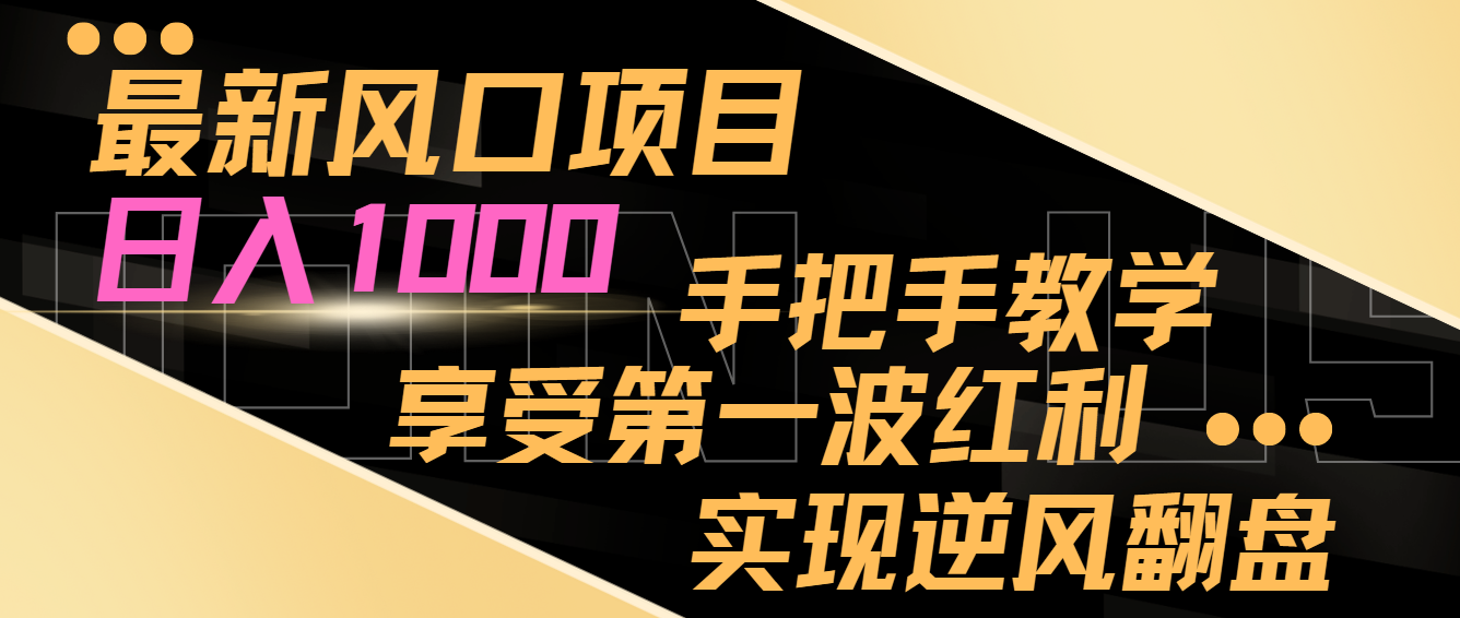 最新风口项目，日入1000，手把手教学，享受第一波红利，实现逆风翻盘| 网创圈