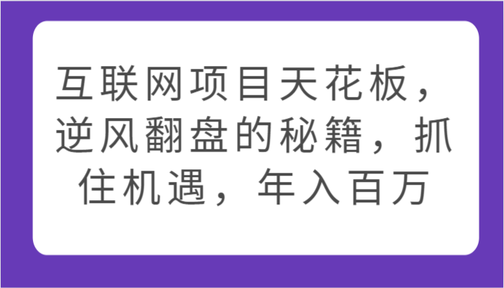 互联网项目天花板，逆风翻盘的秘籍，抓住机遇，年入百万| 网创圈