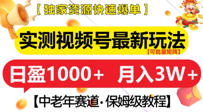 实测视频号最新玩法，中老年赛道，独家资源，月入过W+【揭秘】| 网创圈