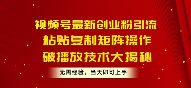 视频号最新创业粉引流，粘贴复制矩阵操作，破播放技术大揭秘，无需经验，当天即可上手| 网创圈