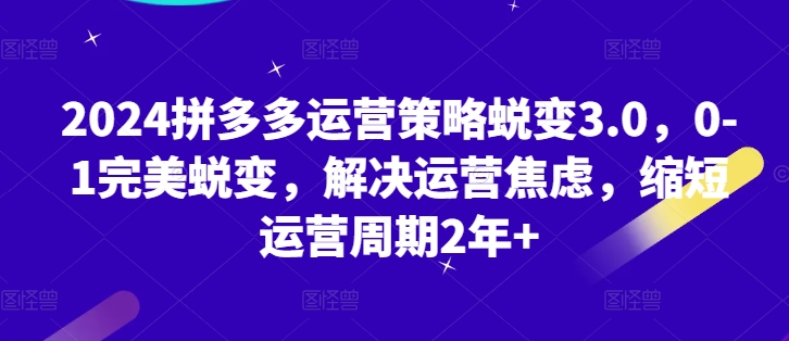 2024拼多多运营策略蜕变3.0，0-1完美蜕变，解决运营焦虑，缩短运营周期2年+| 网创圈