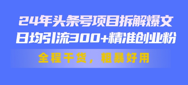 24年头条号项目拆解爆文，日均引流300+精准创业粉，全程干货，粗暴好用| 副业网