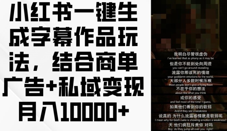 小红书一键生成字幕作品玩法，结合商单广告+私域变现月入1w+【揭秘】| 网创圈