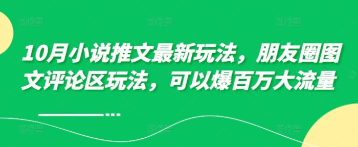 10月小说推文最新玩法，朋友圈图文评论区玩法，可以爆百万大流量| 网创圈