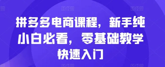 拼多多电商课程，新手纯小白必看，零基础教学快速入门| 网创圈