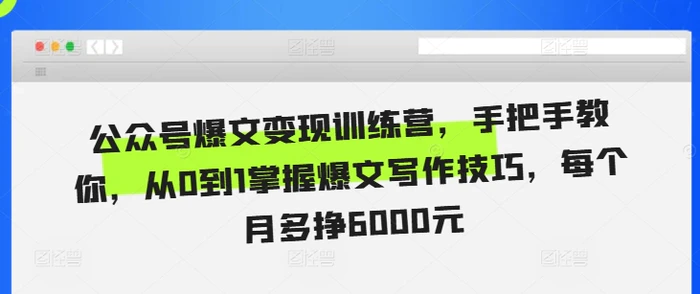 公众号爆文变现训练营，手把手教你，从0到1掌握爆文写作技巧，每个月多挣6000元| 网创圈