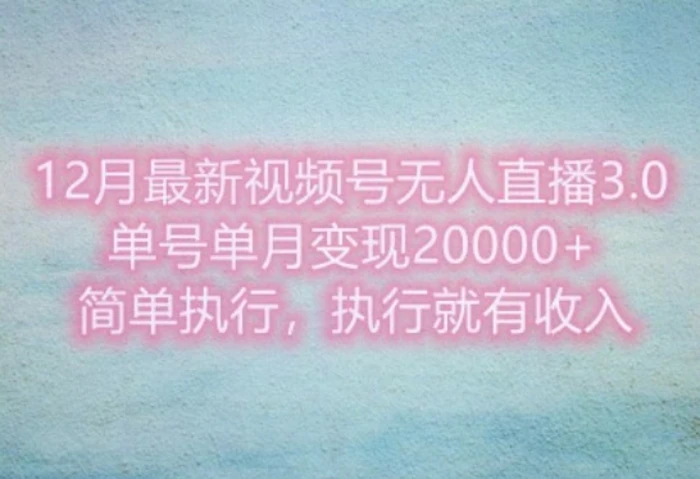 12月最新视频号无人直播3.0，单号单月变现过w，简单执行，执行就有收入| 网创圈
