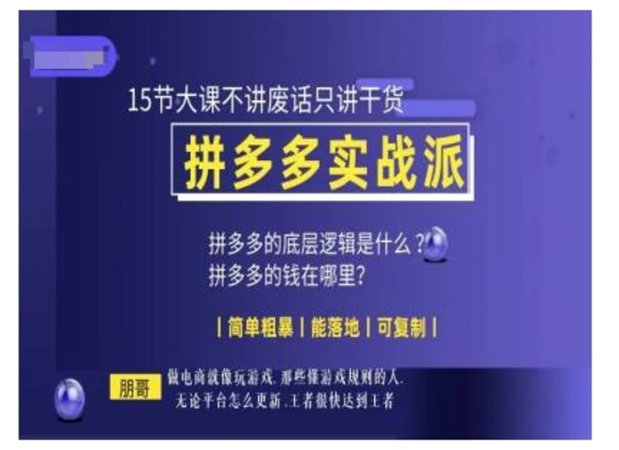 朋哥电商(拼多多实战派)，15节大课不讲废话只讲干货，简单粗暴 能落地 可复制| 网创圈