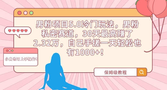 男粉项目5.0冷门玩法，男粉私密赛道，30天最高赚了2.32万，自己手搓一天轻松也有1000+| 网创圈