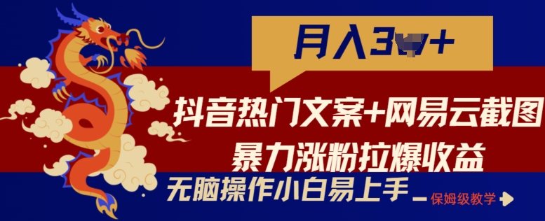 抖音热门文案+网易云截图暴力涨粉拉爆收益玩法，小白无脑操作，简单易上手| 网创圈