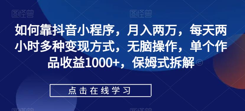 如何靠抖音小程序，月入两万，每天两小时多种变现方式，无脑操作，单个作品收益1000+，保姆式拆解| 网创圈