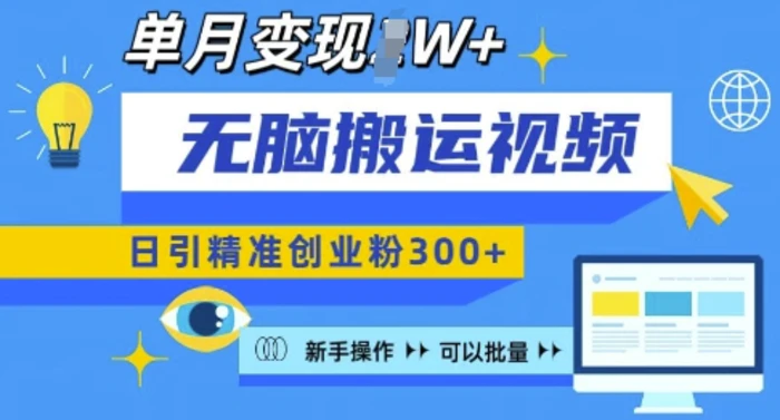 无脑搬运视频号可批量复制，新手即可操作，日引精准创业粉300+，月变现过W| 网创圈