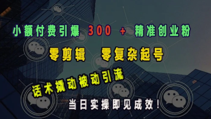 小额付费引爆 300 + 精准创业粉，零剪辑、零复杂起号，话术撬动被动引流，当日实操即见成效| 网创圈