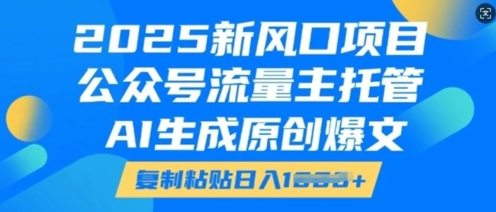 2025新风口项目，公众号流量主托管，AI生成原创爆文，复制粘贴日入多张| 网创圈