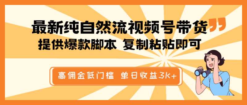最新纯自然流视频号带货，提供爆款脚本简单 复制粘贴即可，高佣金低门槛，单日收益3K+| 副业网