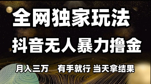 全网独家玩法抖音无人暴力撸金，月入3W，有手就行，当天拿结果| 网创圈