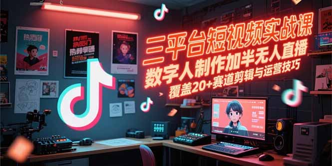 三平台短视频实战课，数字人制作加半无人直播，覆盖20+赛道剪辑与运营技巧| 副业网