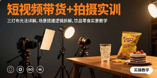 短视频带货+拍摄实训：三灯布光法详解,场景搭建逻辑拆解,饮品零食实景教学| 副业网