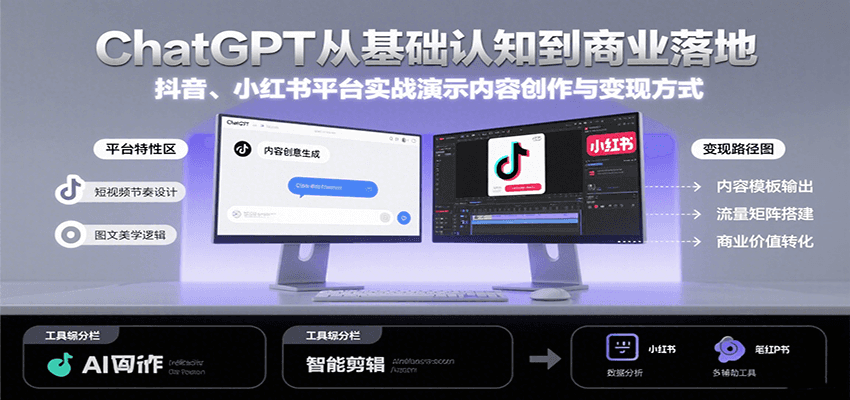 ChatGPT从基础认知到商业落地，实战演示抖音、小红书等平台的内容创作与变现| 副业网