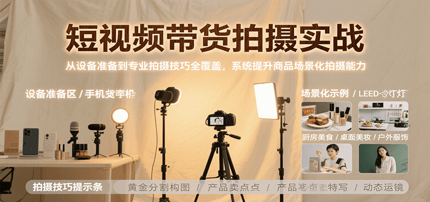 短视频带货拍摄实战，从设备准备到专业拍摄技巧全覆盖，系统提升商品场景化拍摄能力| 副业网