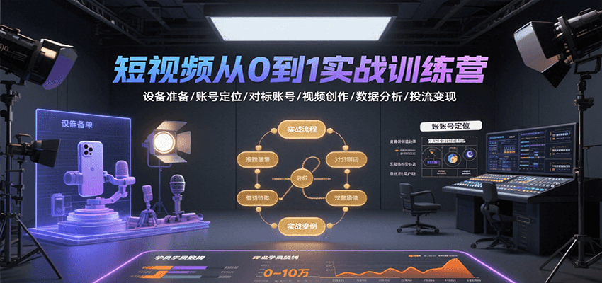 短视频从0到1实战训练营：设备准备/账号定位/对标账号/视频创作/数据分析/投流变现| 副业网