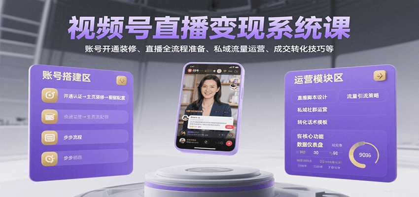 视频号直播变现系统课，账号开通装修、直播全流程准备、私域流量运营、成交转化技巧等| 副业网