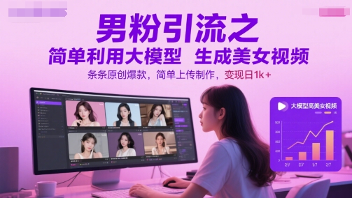 男粉引流之简单利用大模型生成美女视频，条条原创爆款，简单上传制作，变现日1k+| 副业网