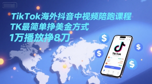 TikTok海外抖音中视频陪跑课程，TK最简单挣美金方式，1万播放挣8刀| 副业网