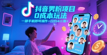 抖音男粉项目0成本玩法，一部手机即可操作，日均4张+，时间自由| 网创圈