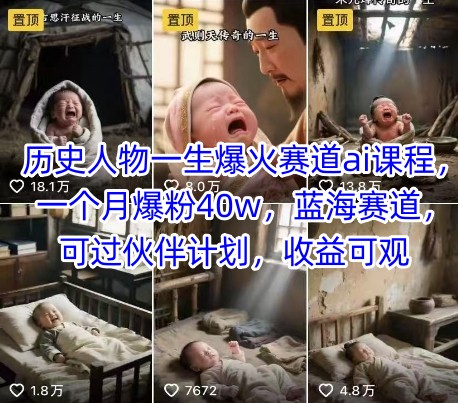 历史人物一生爆火赛道ai课程，一个月爆粉40w，蓝海赛道，可过伙伴计划，收益可观| 副业网