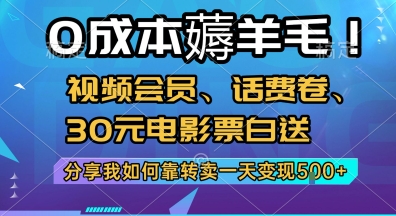 0成本薅羊毛!视频会员、话费卷、30元电影票白送，分享我如何靠转卖一天变现5张+【揭秘】| 副业网
