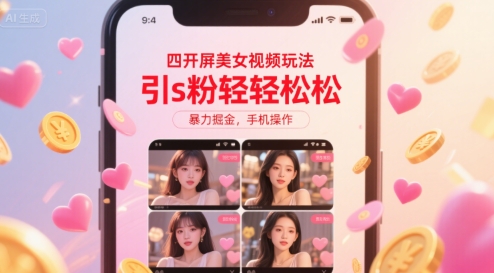 四开屏美女视频玩法，引s粉轻轻松松，暴力掘金，手机操作【揭秘】| 副业网