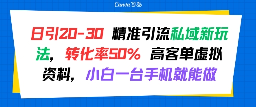 日引 20-30 精准引流私域新玩法，转化率50% 高客单虚拟资料，小白一台手机就能做| 副业网