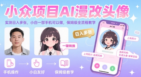 小众项目AI漫改头像，实测日入多张，小白一部手机可以做，保姆级全流程教学| 副业网