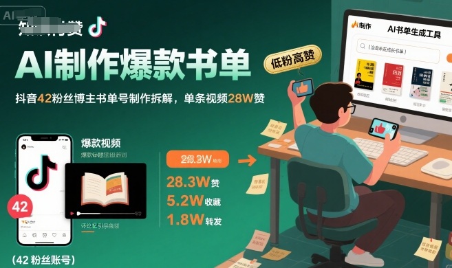 AI制作爆款书单，抖音42粉丝博主书单号制作拆解，单条视频28W赞| 副业网