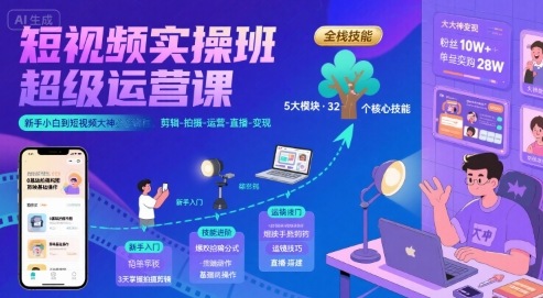 短视频实操班超级运营课，新手小白到短视频大神必修课程，剪辑-拍摄-运营-直播-变现| 副业网