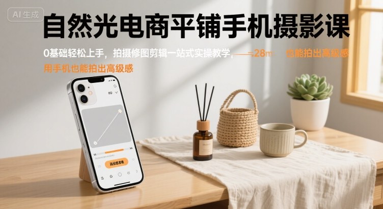 自然光电商平铺手机摄影课，0基础轻松上手，拍摄修图剪辑一站式实操教学，用手机也能拍出高级感| 副业网