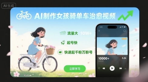 AI制作女孩骑单车治愈视频，流量大，起号快，快速起千粉万粉号| 网创圈