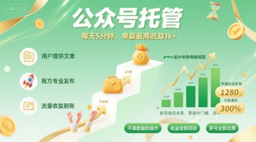 【公众号托管 】我提供文章，你发布，每天5分钟，单篇最高收益1k+【揭秘】| 副业网
