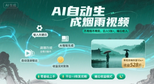不用拍不用剪！AI自动生成烟雨视频，日入5张+，睡后收入| 网创圈