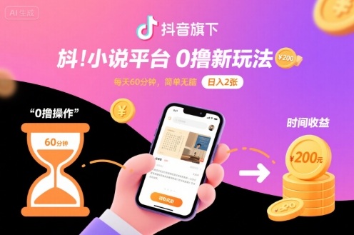 抖音旗下小说平台0撸新玩法，每天挂G60分钟，简单无脑，日入2张【揭秘】| 副业网