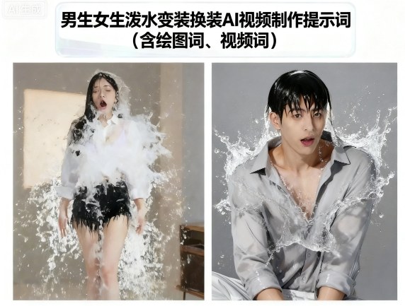 男生女生泼水变装换装AI视频制作提示词(含绘图词、视频词)| 副业网