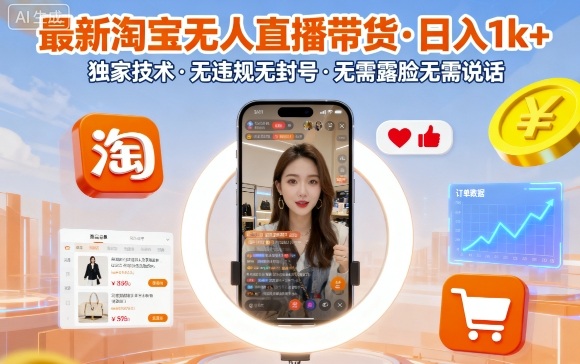 最新淘宝无人直播带货，日入1k+，独家技术，无违规无封号，无需露脸无需说话【揭秘】| 副业网