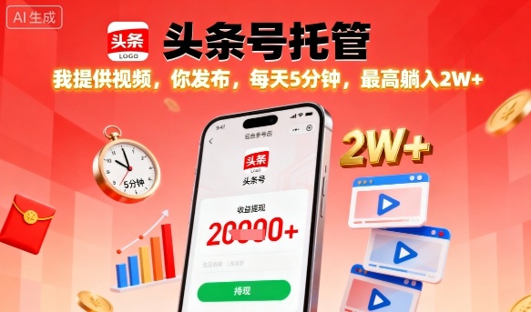 【头条号托管】我提供视频，你发布，每天5分钟，最高躺入2W+【揭秘】| 网创圈