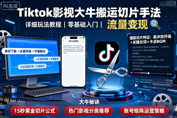 Tiktok影视大牛搬运切片手法，详细玩法教程| 副业网