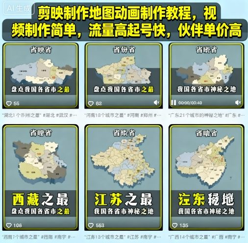 剪映制作地图动画制作教程，视频制作简单，流量高起号快，伙伴单价高| 副业网