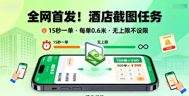 全网首发！酒店截图任务，15秒一单，每单0.6米，任务无上限不设限，矩阵操作单日3张到手【揭秘】| 副业网